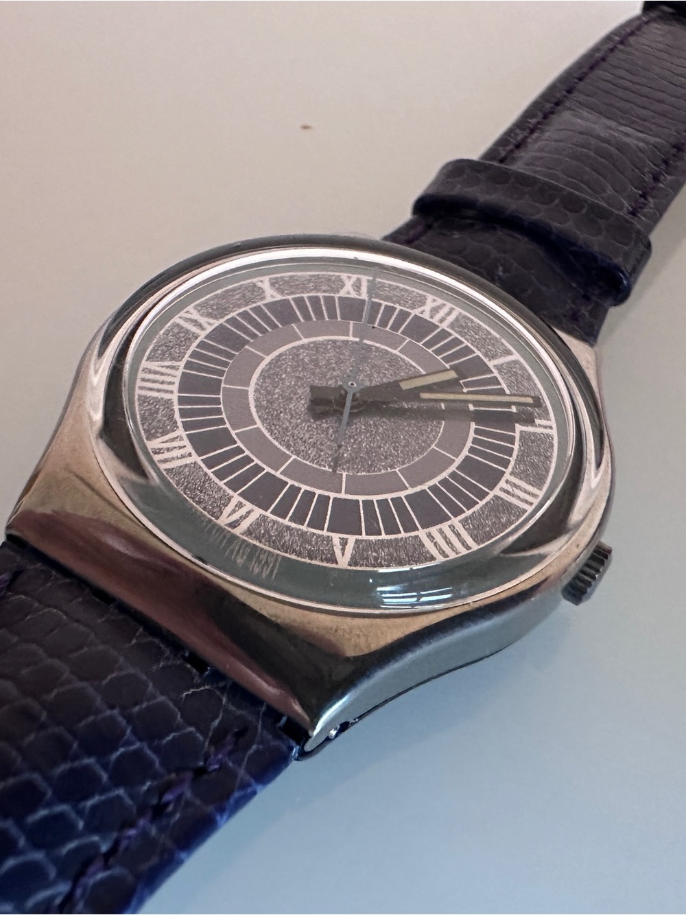 Swatch GX123 Alexander Steel Case Metallic Dial Embossed Purple Leather Strap